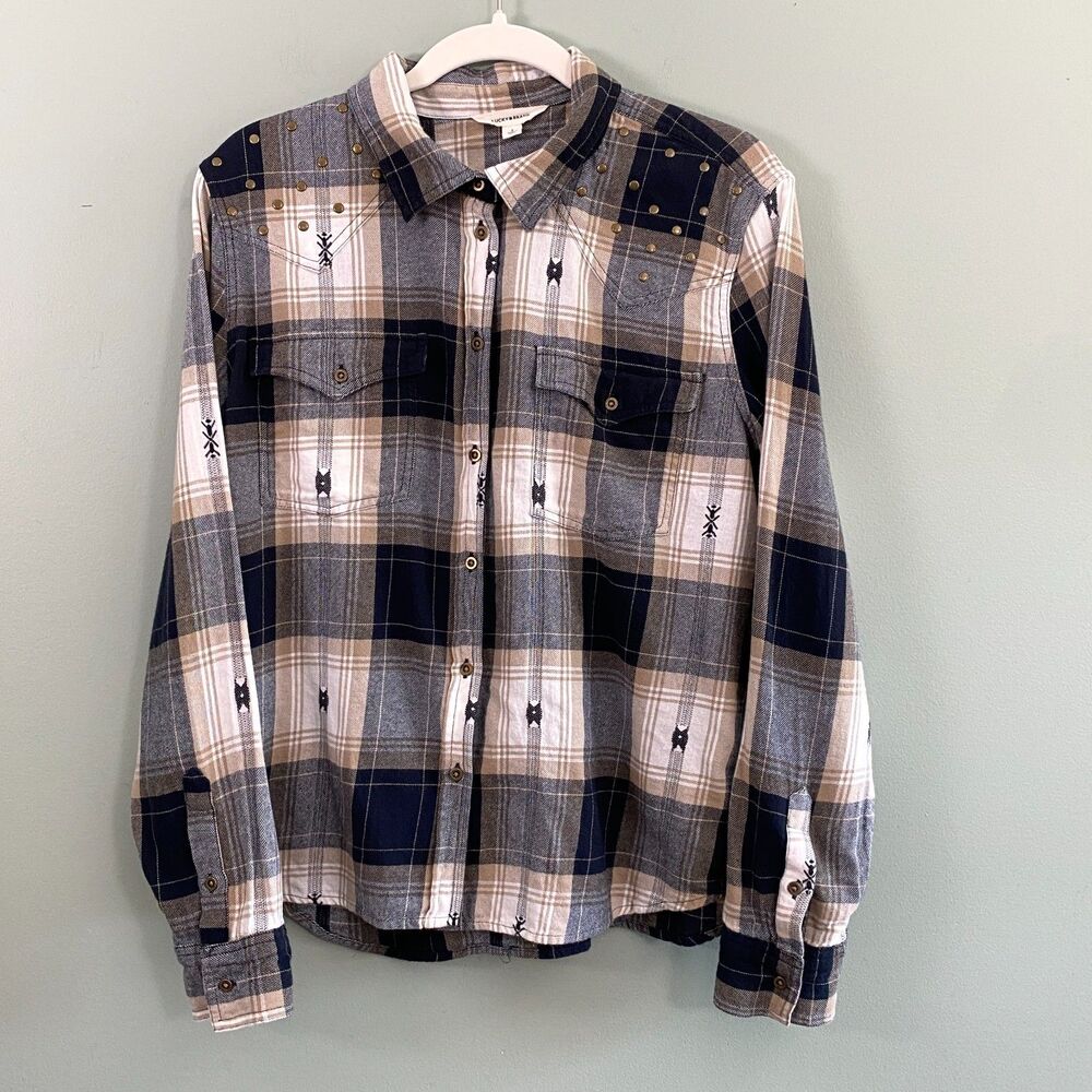 Lucky Brand Embroidered Flannel Shirt Button Up Womens Large Plaid Western